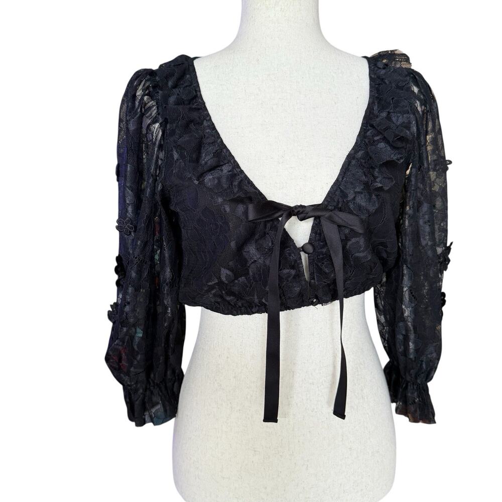 For Love & Lemons Black Floral Lace Tie Front Sheer Crop Top Women’s Medium